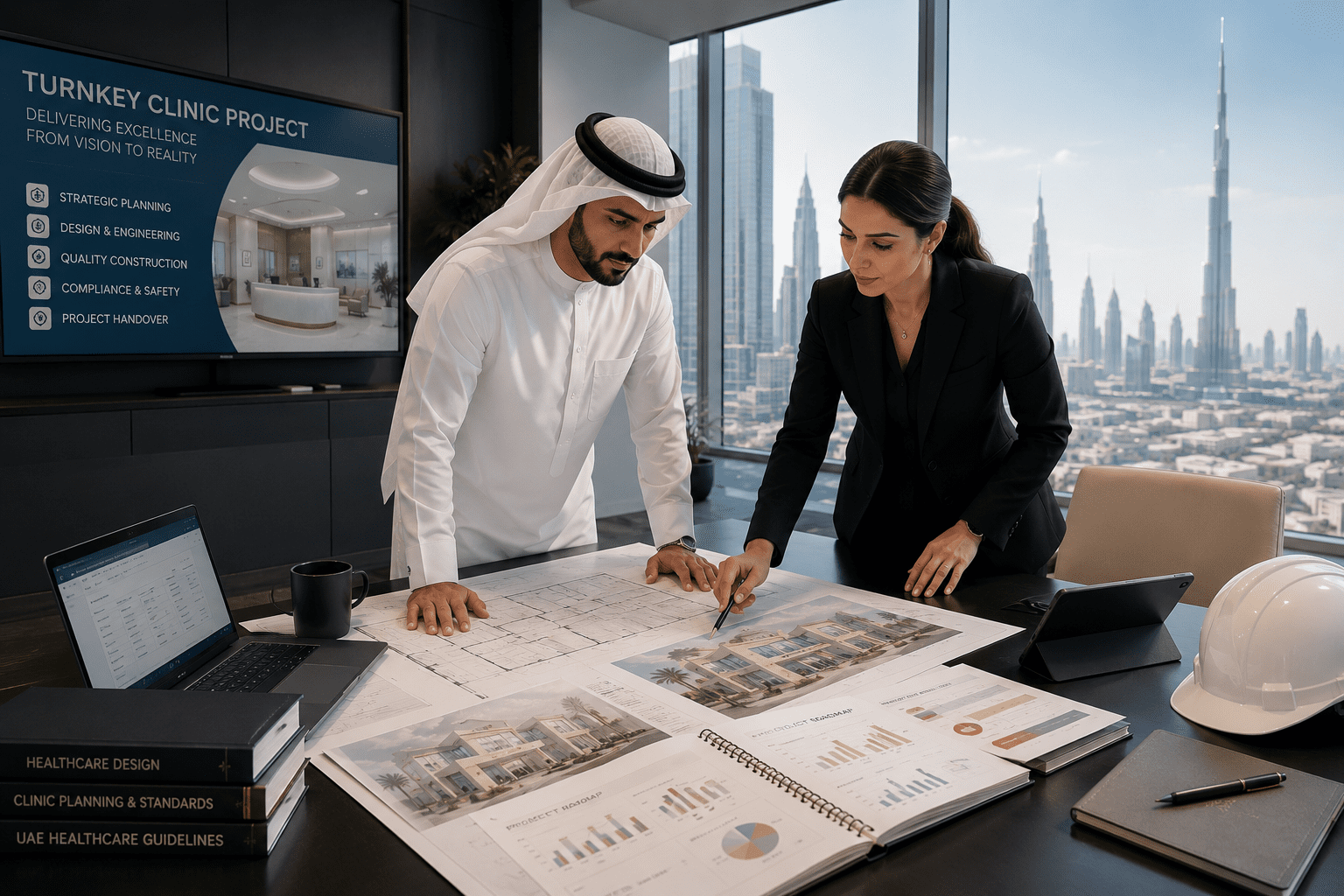 Healthcare Management Consultancy Dubai experts reviewing turnkey clinic project plans in a modern Dubai office with Burj Khalifa view