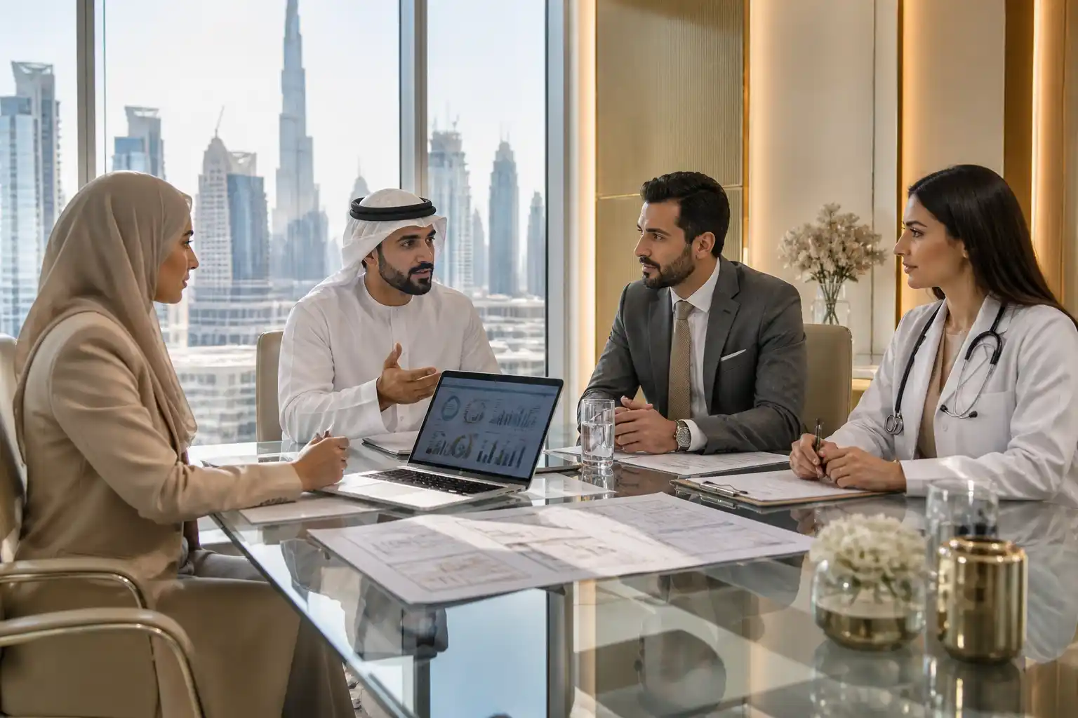 Healthcare consulting companies in Dubai team discussing project strategy in a modern office setting
