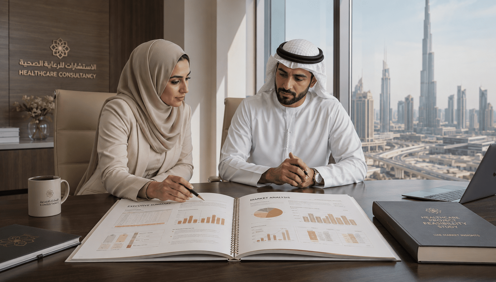 Professional business meeting in Dubai office with Healthcare Management Consultancy Dubai experts reviewing documents and charts, modern boardroom with city skyline view