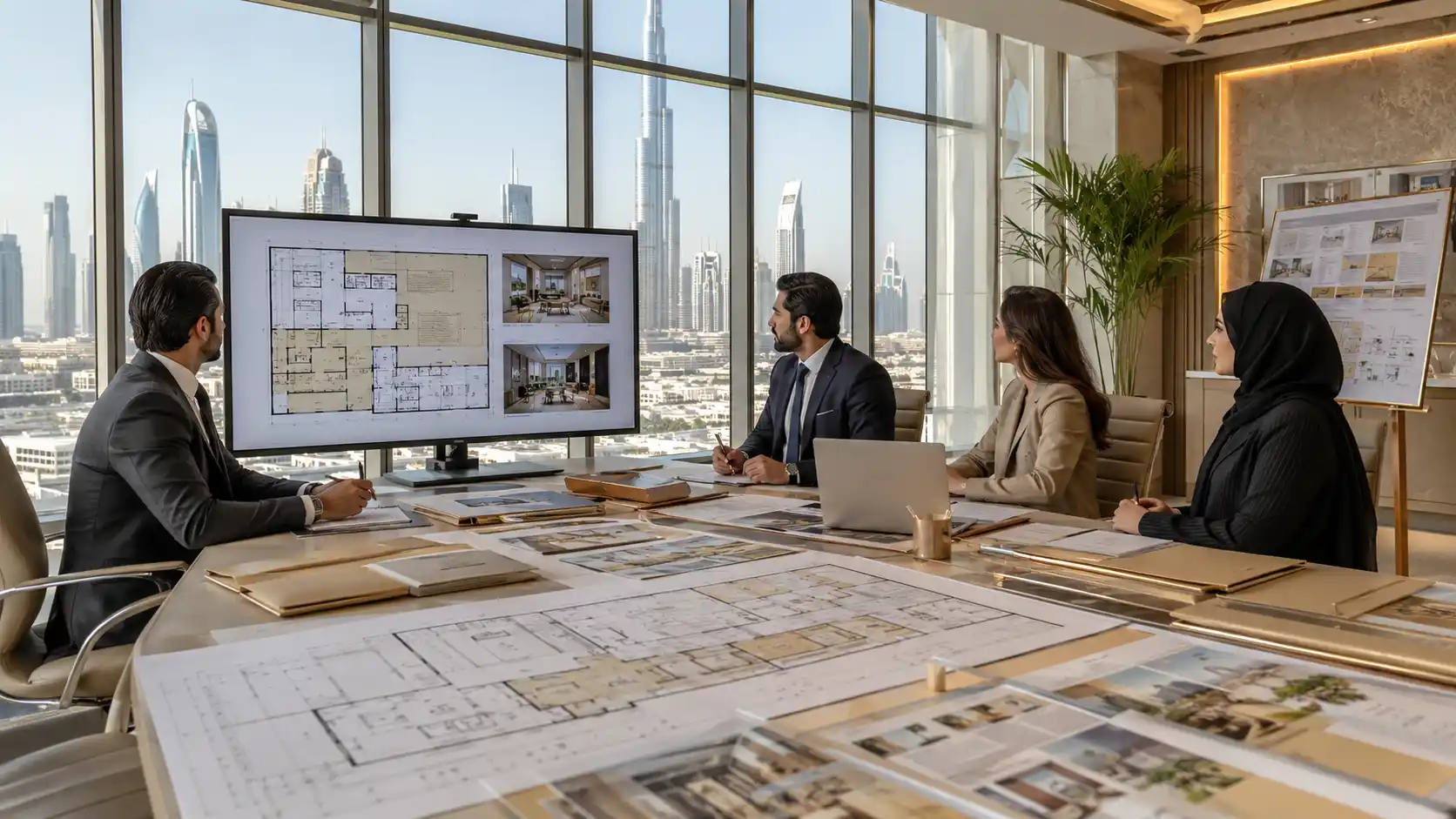 Professional team discussing day surgery center clinic setup in Dubai with architectural floor plans and interior designs in a modern office overlooking Burj Khalifa