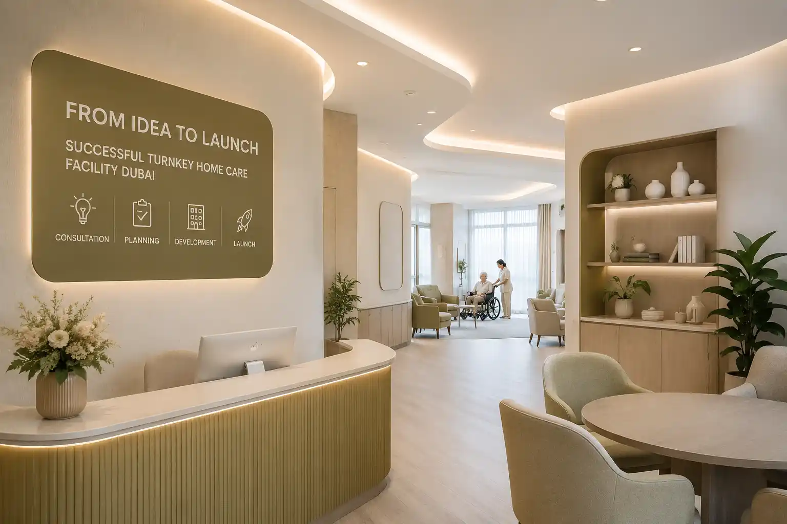Modern home care facility reception in Dubai showcasing turnkey setup from idea to launch with healthcare consulting expertise